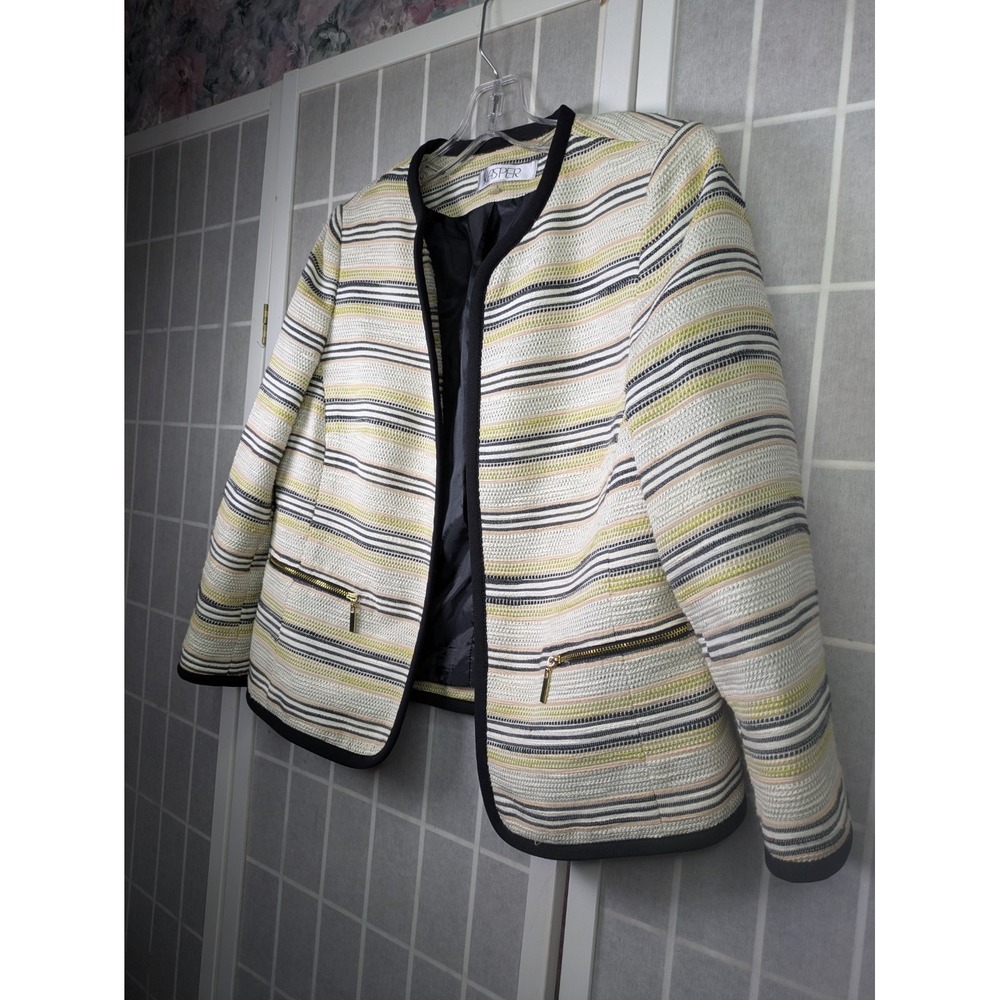 Kasper Womens Open Blazer 8 Textured Stripe Zipper Pockets Cotton Blend Office - Picture 2 of 12